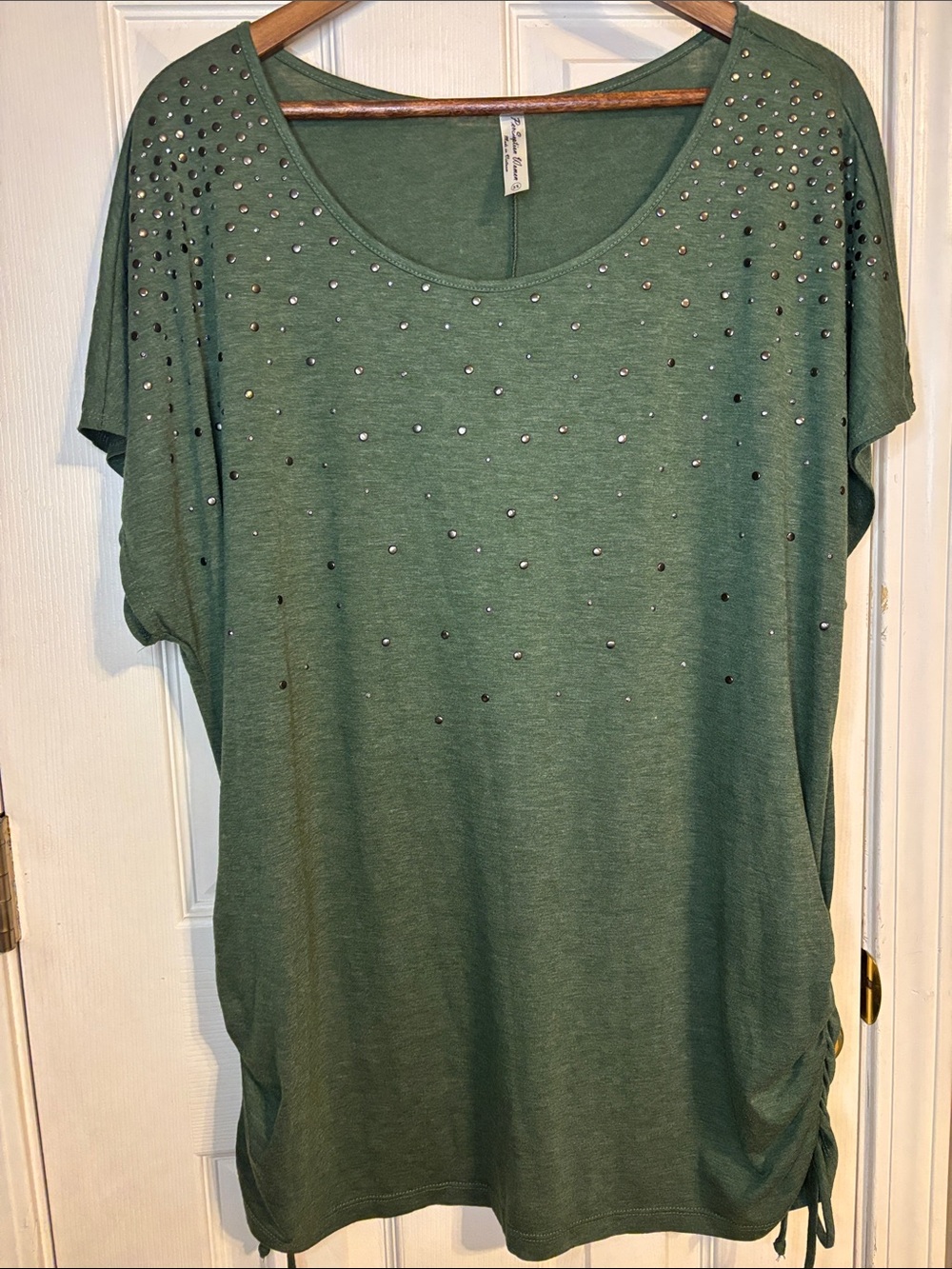 Perseption Olive Green Studded Scoop Neck Tunic Top